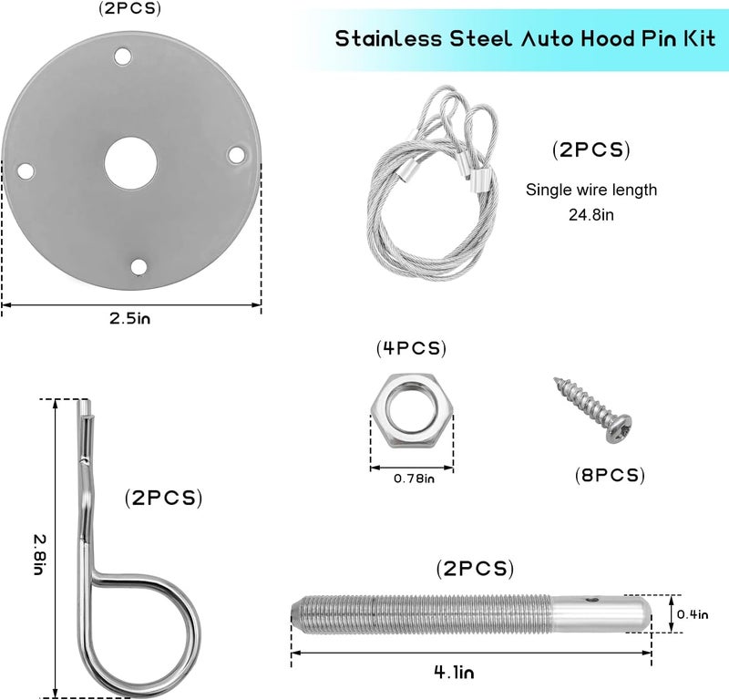 NYTKL 2 PCS Stainless Steel Car Hood Pins Kit, Quick Release Hood Cover Pin Lock Appearance Kit with Racing Lanyard, Universal Engine Bumper Bonnet Pin for Cars Trucks SUVs (Silver) - Image 2